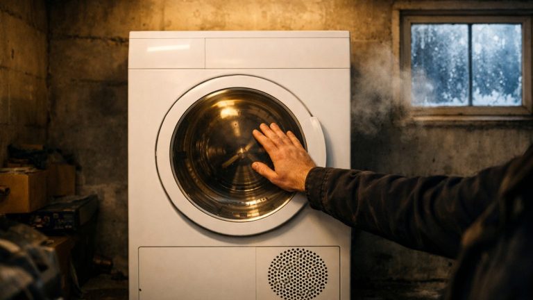 Il installe son sèche-linge neuf dans le garage pour gagner de la place : en janvier, le cycle dure quatre heures et les draps restent humides