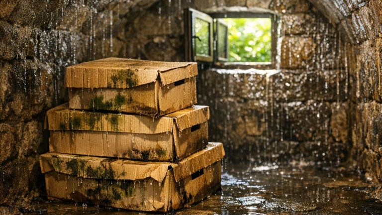 Il ouvre grand le soupirail de sa cave pendant tout l'été : en août, les murs ruissellent et les cartons d'archives sont couverts de moisi