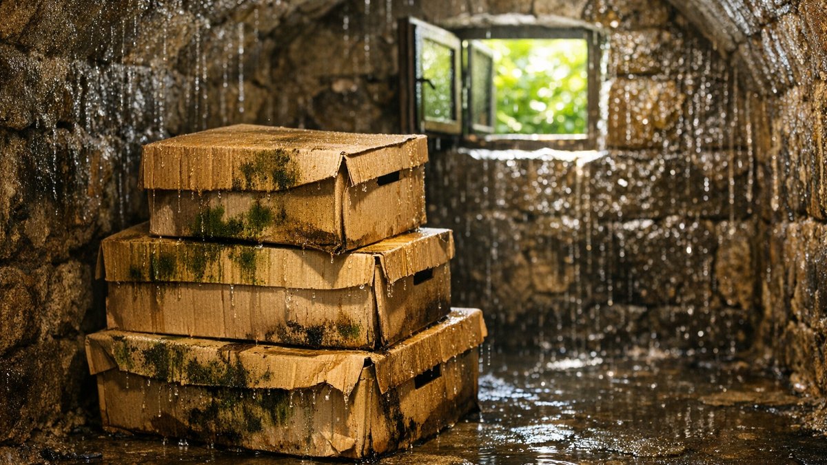 Il ouvre grand le soupirail de sa cave pendant tout l'été : en août, les murs ruissellent et les cartons d'archives sont couverts de moisi