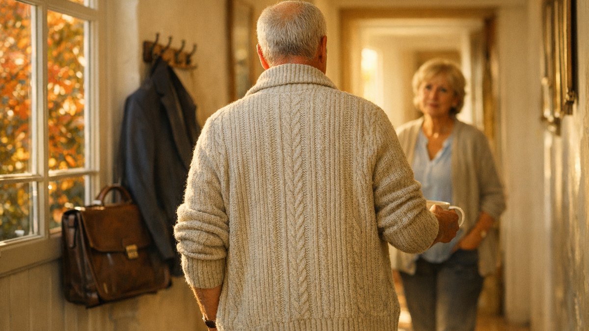 Il part à la retraite après trente-cinq ans de bureau : en octobre, sa femme remarque qu'il la suit d'une pièce à l'autre