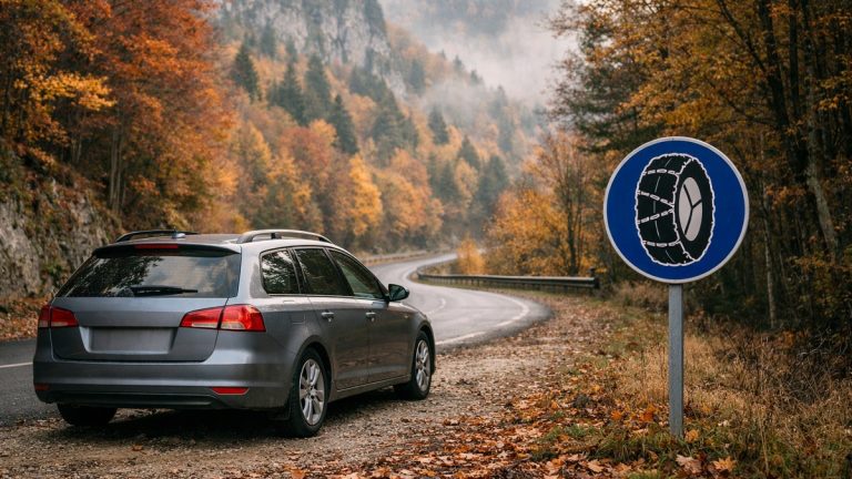 Il part dans le Jura pour la Toussaint avec ses pneus été : à l'entrée du col, un panneau rond change la suite des vacances
