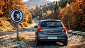 Il part en Auvergne pour la Toussaint avec ses pneus été habituels : à l'entrée du col, un panneau rond change tout son trajet