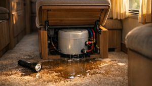 Il range son camping-car sous l'abri avec les réservoirs bien fermés : en avril, le chauffe-eau goutte et un raccord de pompe est fendu