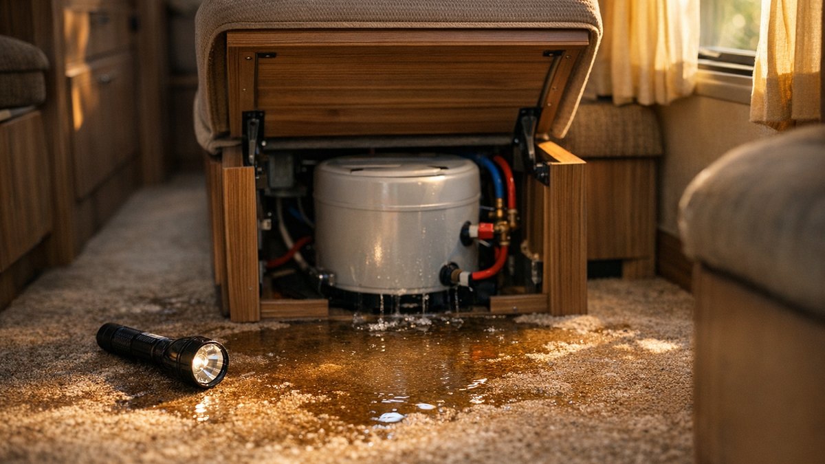 Il range son camping-car sous l'abri avec les réservoirs bien fermés : en avril, le chauffe-eau goutte et un raccord de pompe est fendu
