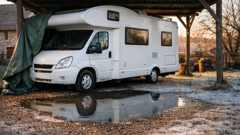 Il range son camping-car sous l'abri près de Vesoul en octobre : en février, une flaque s'étale lentement sous le chauffe-eau