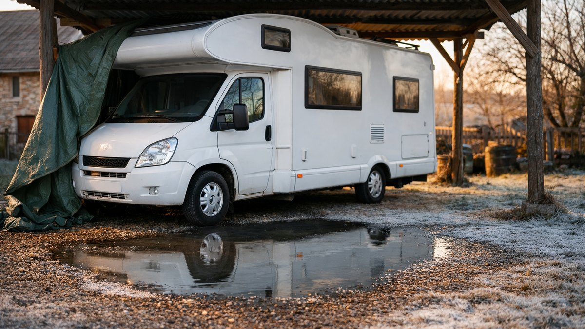 Il range son camping-car sous l'abri près de Vesoul en octobre : en février, une flaque s'étale lentement sous le chauffe-eau