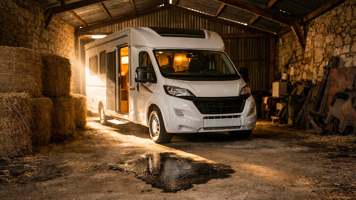 Il range son camping-car sous un hangar d'Auvergne fin octobre : au printemps, une flaque sous le marchepied et un chauffe-eau fendu sur toute sa longueur