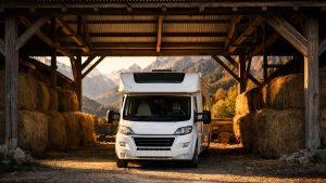 Il range son camping-car sous un hangar ouvert en Haute-Savoie fin octobre : au printemps, le chauffe-eau et la pompe ont éclaté