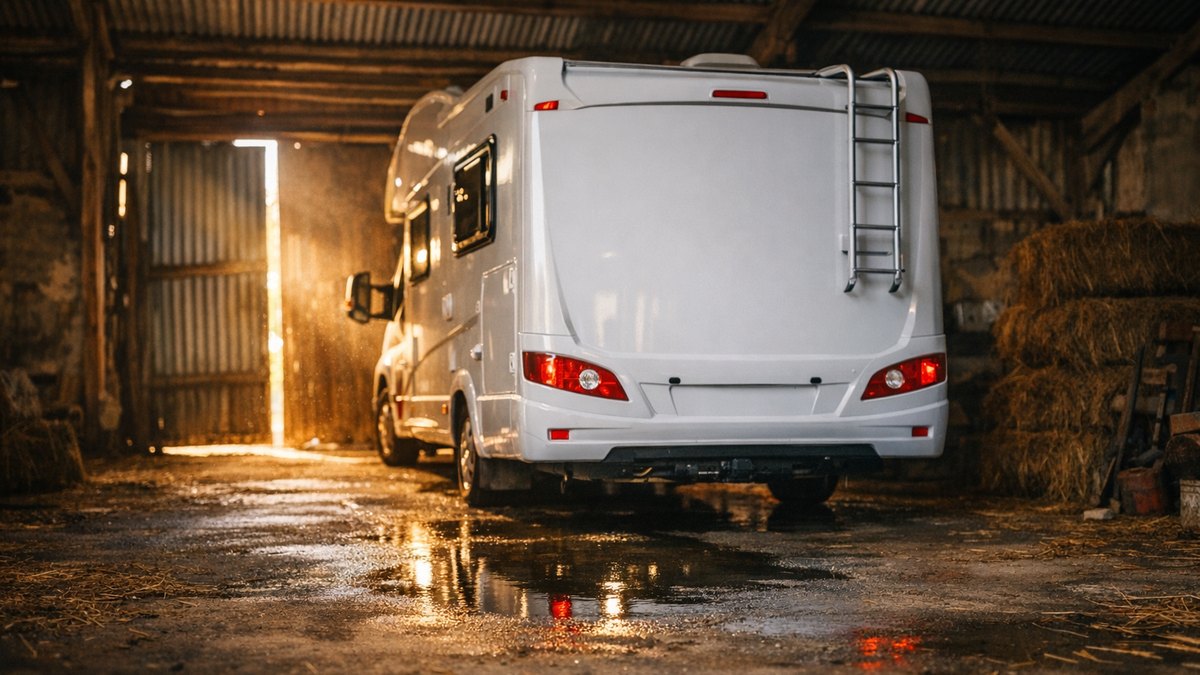 Il range son camping-car sous un hangar près de Clermont-Ferrand en octobre : au printemps, une flaque tiède grandit sous le plancher arrière
