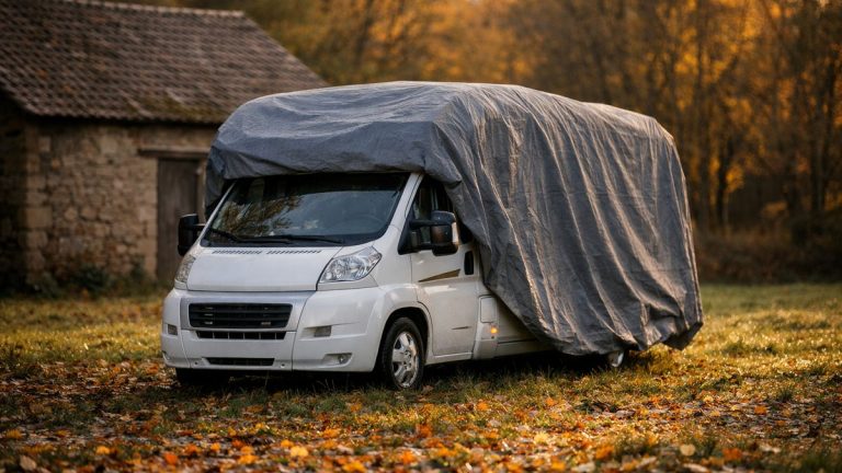 Il range son camping-car sous une bâche près de Besançon fin octobre : au printemps, le chauffe-eau est fendu et la pompe reste muette