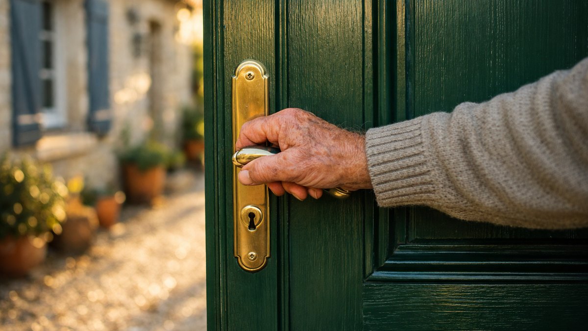 Il revient trois fois vérifier la porte depuis sa retraite : sa femme pense à sa mémoire, ce qu'ils découvrent tient dans un geste