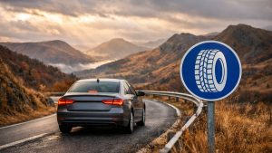 Il roule vers la maison familiale du Cantal en pneus d'été : à l'entrée du département, un panneau rond lui fait lever le pied