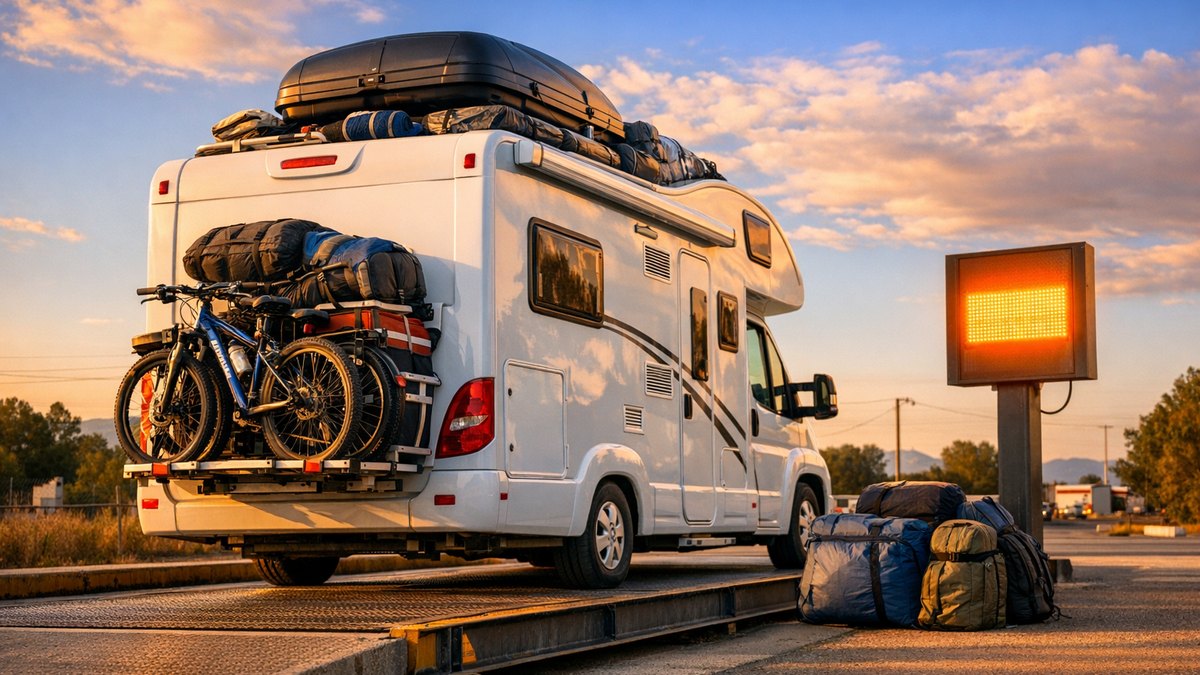 Ils chargent leur camping-car pour un mois en Andalousie : sur une balance près de Perpignan, l'écran affiche 3,72 tonnes au lieu de 3,5