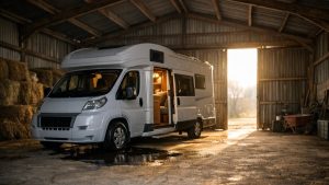 Ils rangent leur camping-car sous un hangar alsacien fin octobre : en mars, le chauffe-eau goutte et les raccords de la douche sont fendus