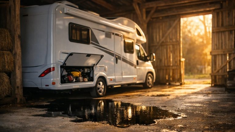 Ils rangent leur camping-car sous un hangar près de Clermont-Ferrand : en avril, une flaque froide s'étale sous le chauffe-eau du placard