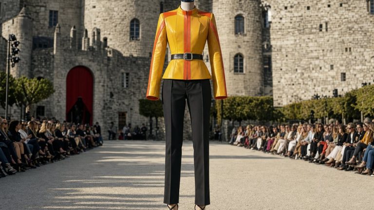 Laetitia Casta mise sur le jaune citron au défilé Loewe printemps-été 2027 filmé au Château de Vincennes