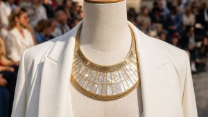 Le collier plastron en nacre porté par Claudia Schiffer au premier rang du défilé Chloé printemps-été 2027 à Paris