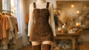 Robe chasuble Kiabi à 22 euros en denim marron : la pièce des années 60 qui remplace le jean cet automne-hiver