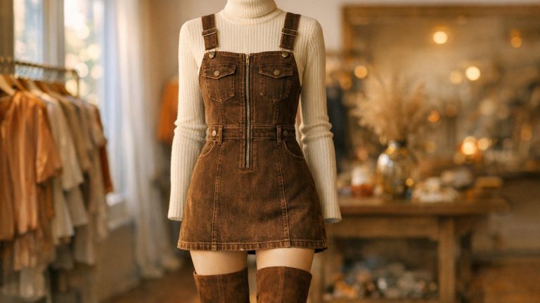 Robe chasuble Kiabi à 22 euros en denim marron : la pièce des années 60 qui remplace le jean cet automne-hiver