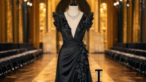 Robe en satin noir et collier ras-de-cou : le minimalisme d'Ester Expósito au défilé Messika à Paris