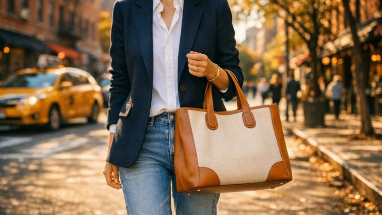 Un blazer bleu marine en twill extensible pour tenir de 9 h à 21 h : la veste Trailblazer de Veronica Beard décryptée